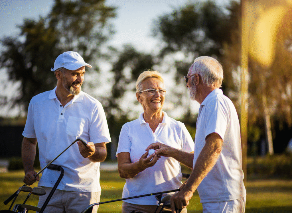 Three smiling members sharing a moment on the golf course at Davison Country Club